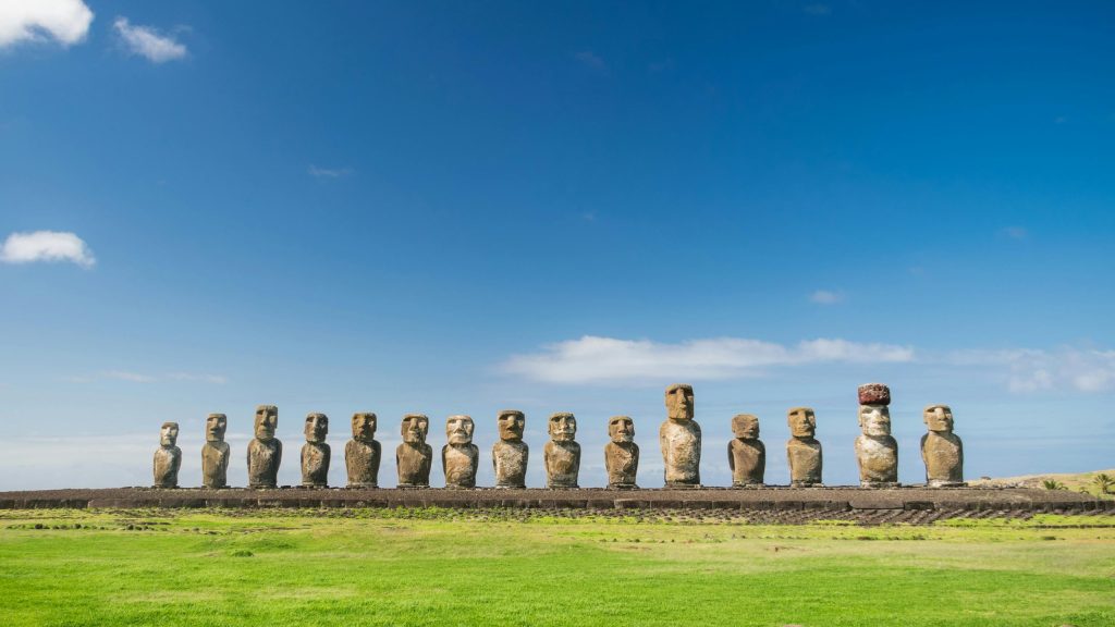 A row of giant stone statues on Easter Island, birthplace of rapamycin